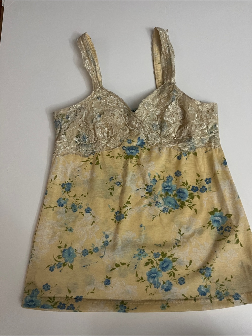 Maurices Yellow Tank Top with Blue Floral Print and Cream Lace Bust
